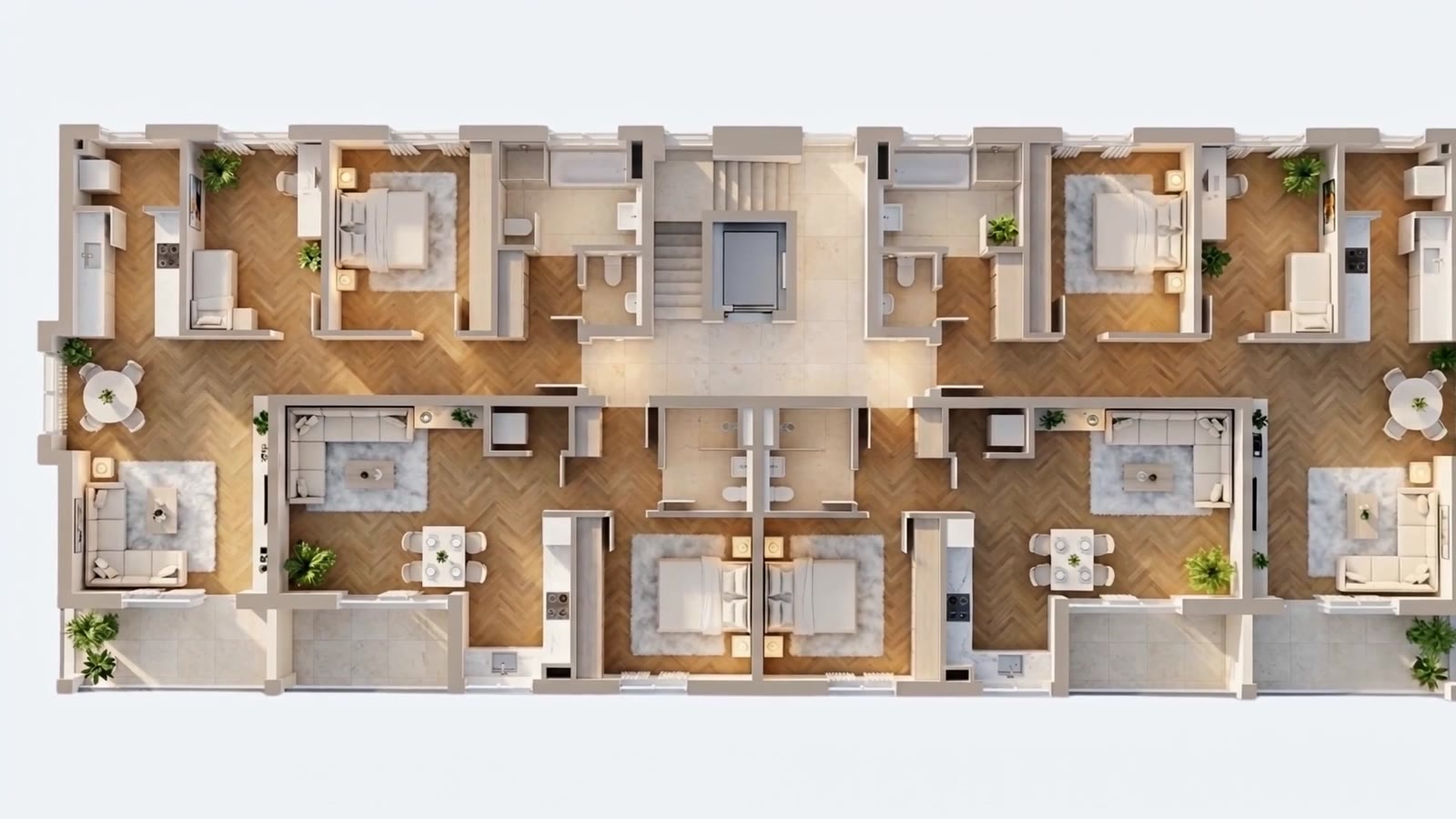 Fotorealistischer 3D-Grundriss in der Draufsicht, vollständig möbliert